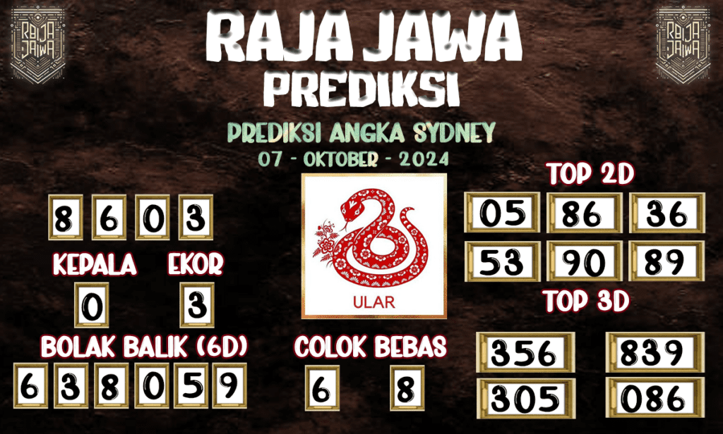 Dalam artikel ini, kami menyajikan prediksi togel Sydney eksklusif dari Raja Jawa untuk tanggal 07 Oktober 2024, memberikan analisis dan angka-angka yang dianggap potensial.